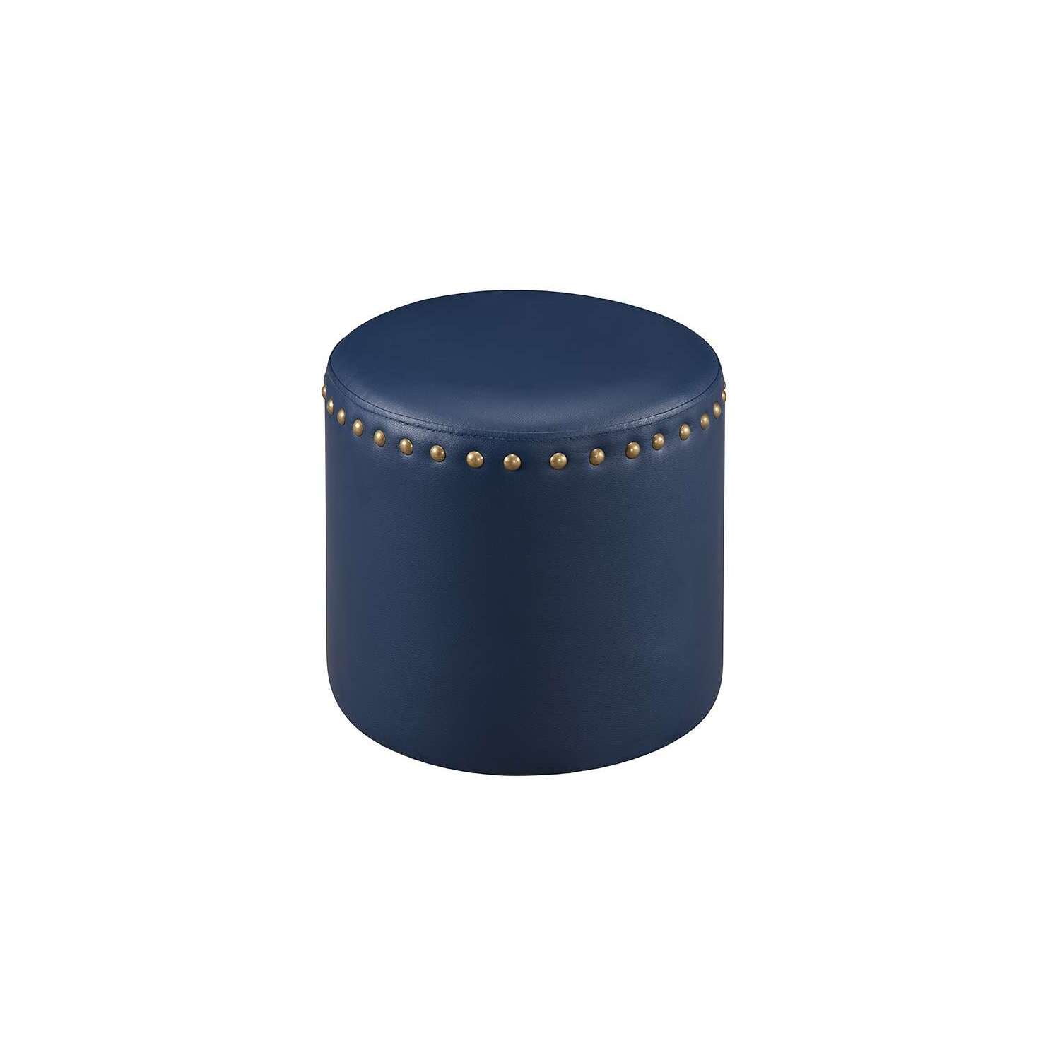 Blue Faux Leather Round Pouf with Nailhead Trim