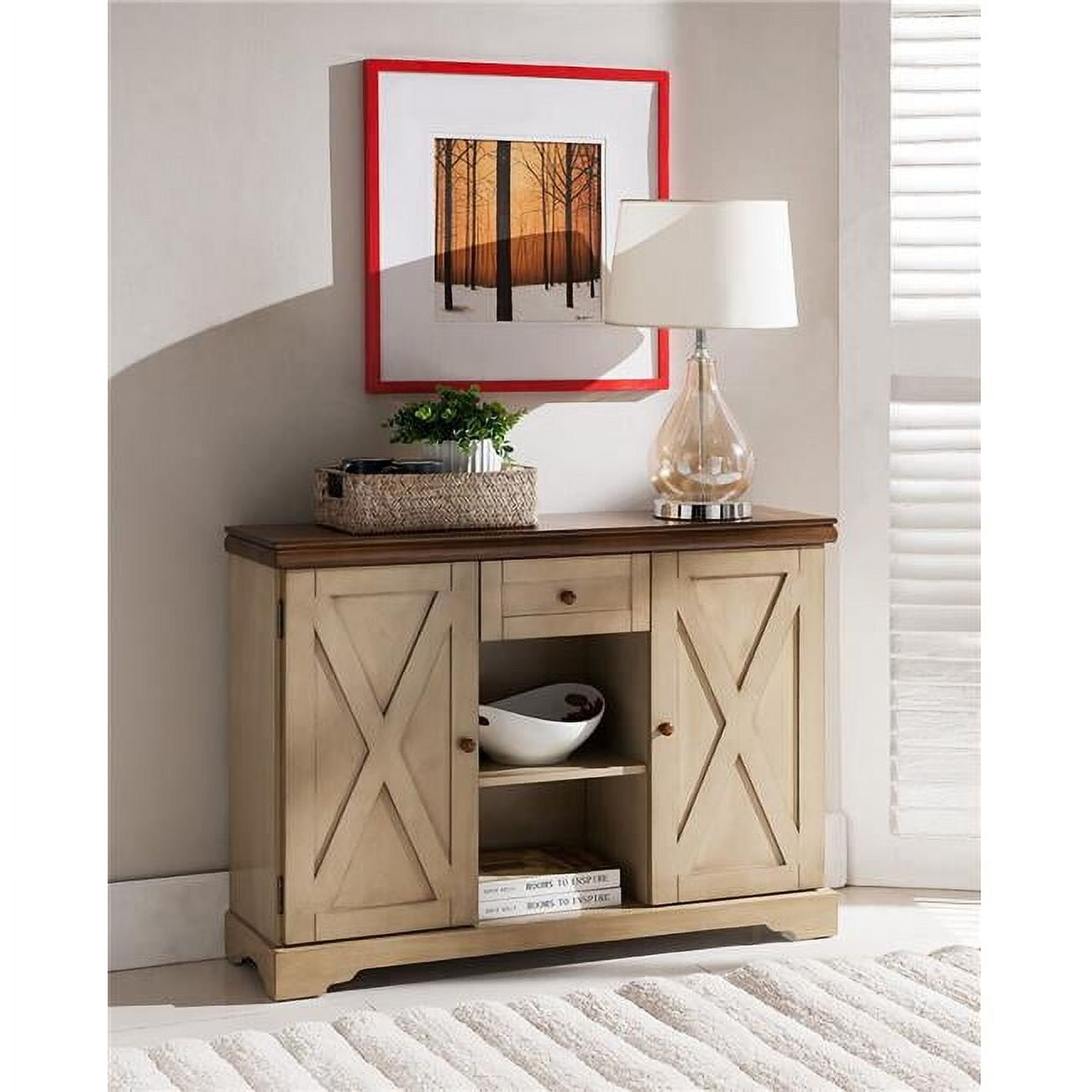 Antique White and Walnut Wood Console Table with Storage