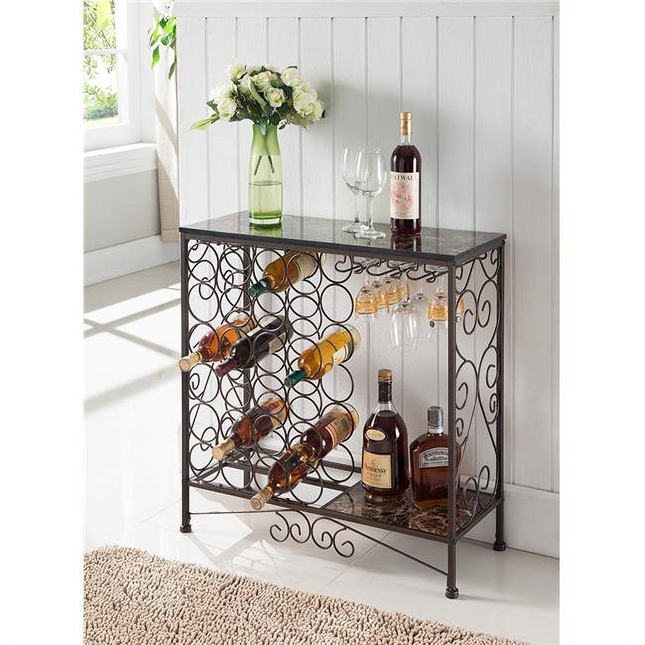 Bronze Metal and Faux Marble Wine Rack Table with Glass Storage