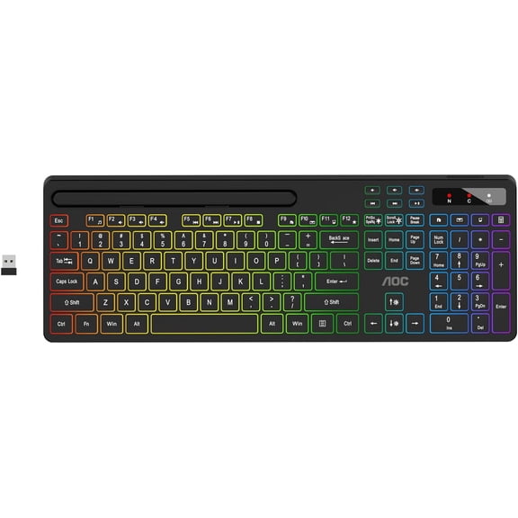 KB600 Wireless Keyboard with 7-Color RGB Backlit, 2.4GHz Full-Size Computer Keyboard with Phone Tablet Holder, Number Pad, 22 Multimedia Hotkeys, Rechargeable for Mac, Windows