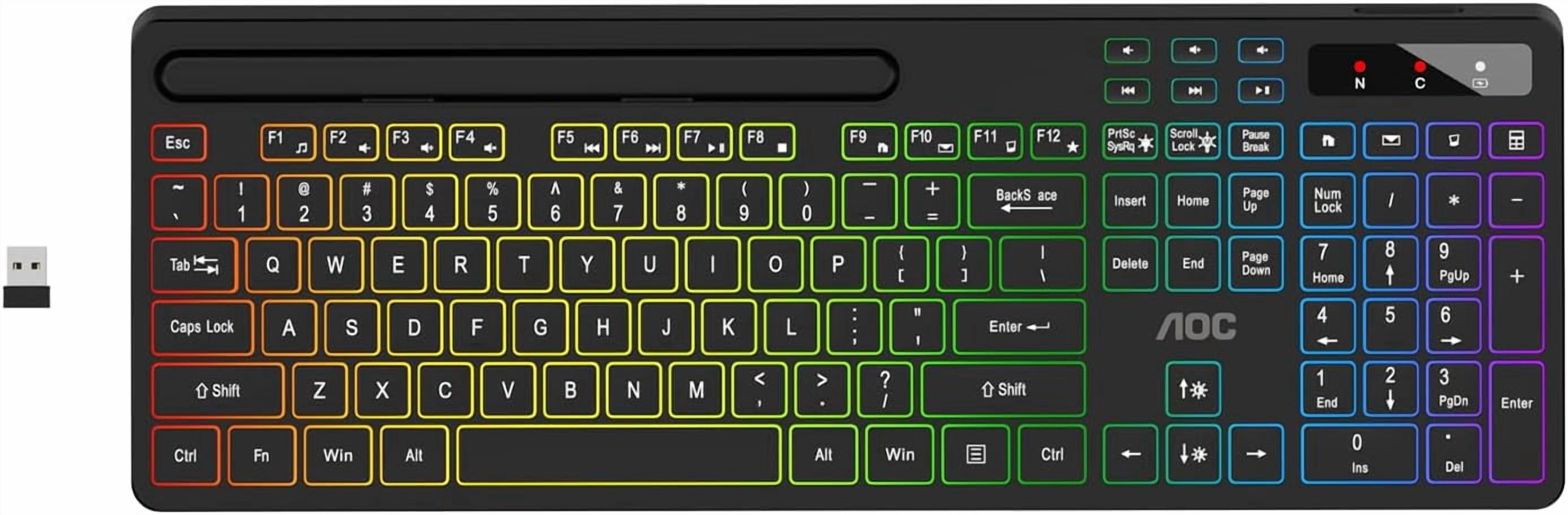 KB600 Wireless Keyboard with 7-Color RGB Backlit, 2.4GHz Full-Size Computer Phone Tablet Holder, Number Pad, 22 Multimedia Hotkeys, Rechargeable for Mac, Windows