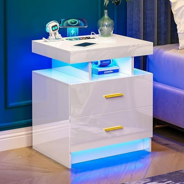 KBANZIBIU Black Nightstand with USB/TypeC/Wireless Charging Station