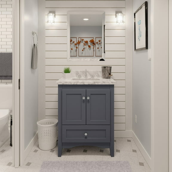 KBC Abbey 30" Solid Wood Bathroom Vanity w/ Carrara Stone in Marine Gray