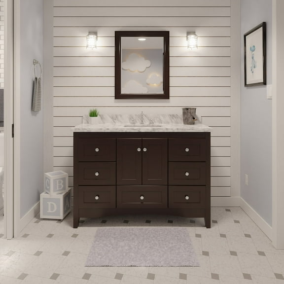 KBC Abbey 48" Solid Wood Bathroom Vanity w/ Carrara Stone in Chocolate