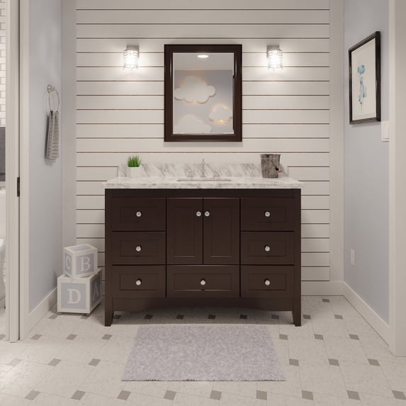 KBC Abbey 48" Solid Wood Bathroom Vanity w/ Carrara Stone in Chocolate