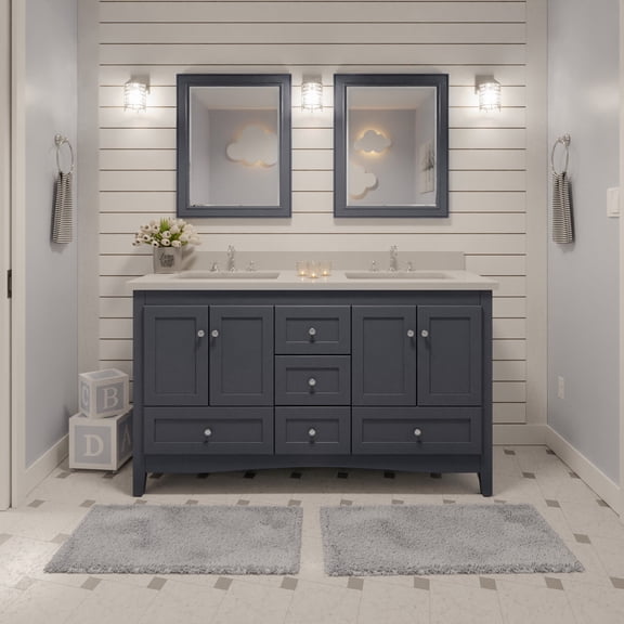 KBC Abbey 60" Solid Wood Double Bathroom Vanity w/ Quartz Stone in Marine Gray