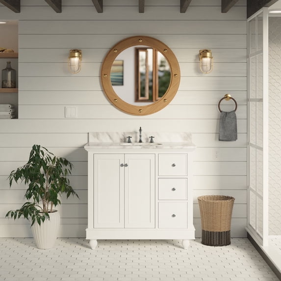 KBC Bella 36" Solid Wood Bathroom Vanity w/ Carrara Stone in White