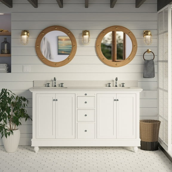 KBC Bella 60" Solid Wood Double Bathroom Vanity w/ Quartz Stone in White