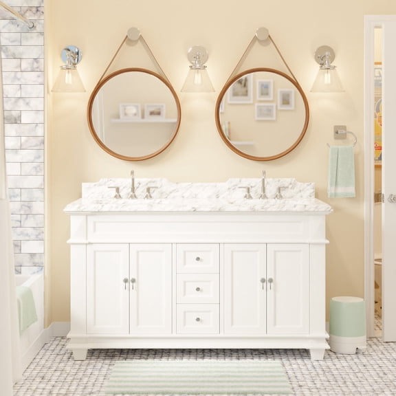 KBC Elizabeth 60" Wood Double Bathroom Vanity w/ Carrara Stone in White