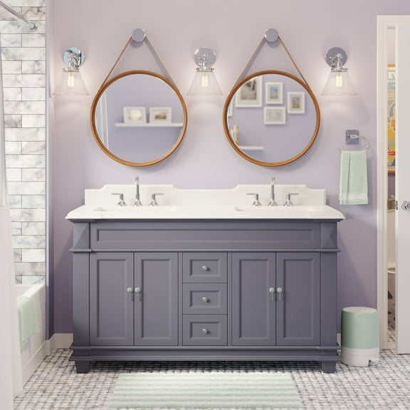 KBC Elizabeth 60" Wood Double Bathroom Vanity w/ Quartz Stone in Marine Gray