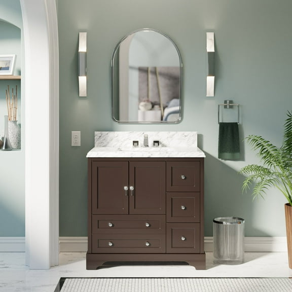 KBC Madison 36" Solid Wood Bathroom Vanity w/ Carrara Stone in Chocolate
