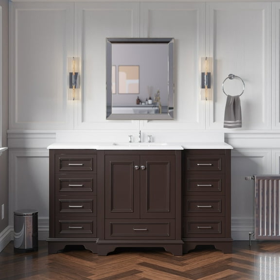KBC Nantucket 60" Wood Single Bathroom Vanity w/ Quartz Stone in Chocolate