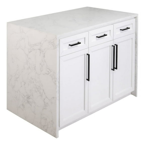 KBC Palisade 48" Kitchen Island Cabinet w/ Engineered Marble Waterfall in White