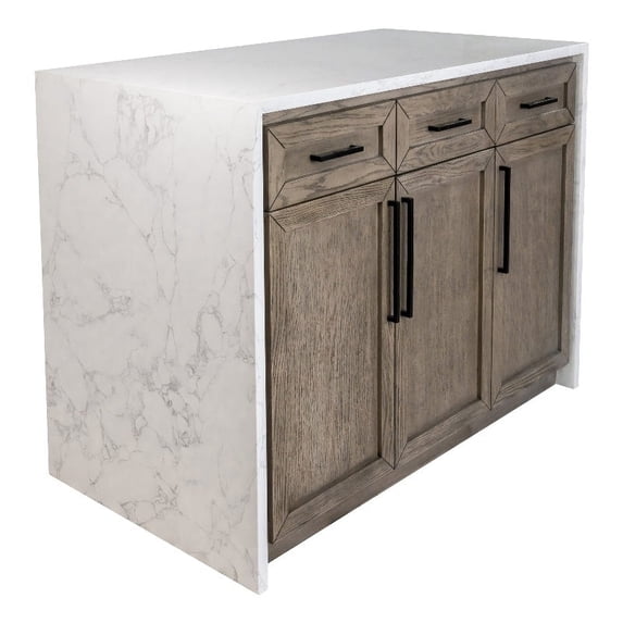 KBC Palisade 48" Kitchen Island w/ Engineered Marble Waterfall in Gray Oak