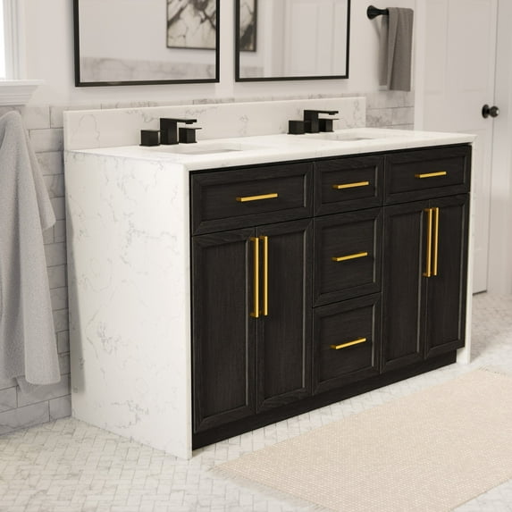 KBC Palisade 60" Double Bath Vanity w/ Engineered Marble Waterfall in Dark Oak