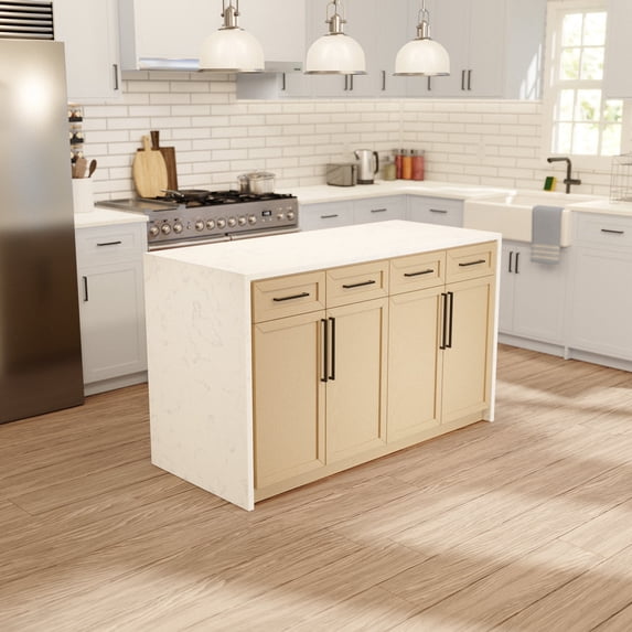 KBC Palisade 60" Kitchen Island Cabinet w/ Engineered Marble Waterfall in Blonde