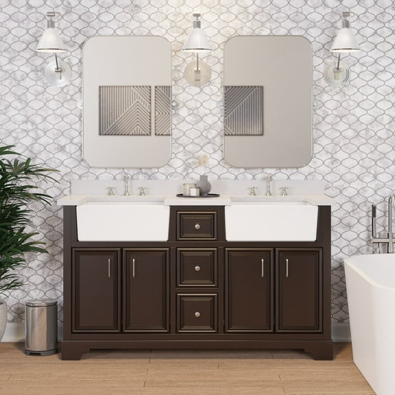 KBC Zelda 60" Wood Double Farmhouse Vanity w/ Quartz Stone in Chocolate