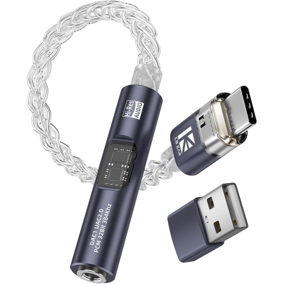 KBEAR DAC1 USB-C to 3.5mm Audio DAC Dongle 32bit/384kHz Hi-Res Audio Support 8-Core OCC Silver-Plated Cable Aerospace-Grade CNC Aluminum Alloy Housing Lightweight Adapter for IEM Earphones