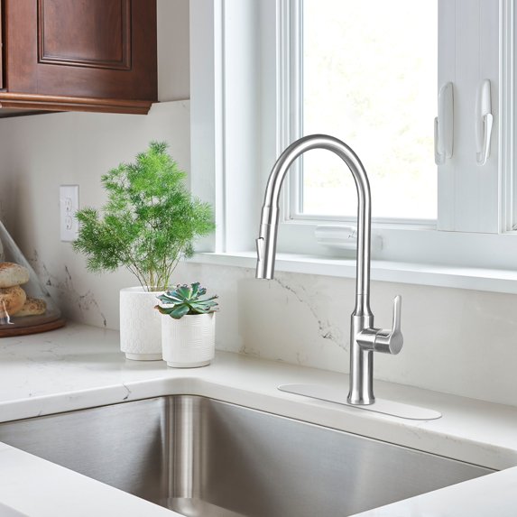 KBFmore 18.5 inch Stainless Steel Kitchen Faucet with Deck Cover Plate and Dual Function Pull Out Down Spray Head