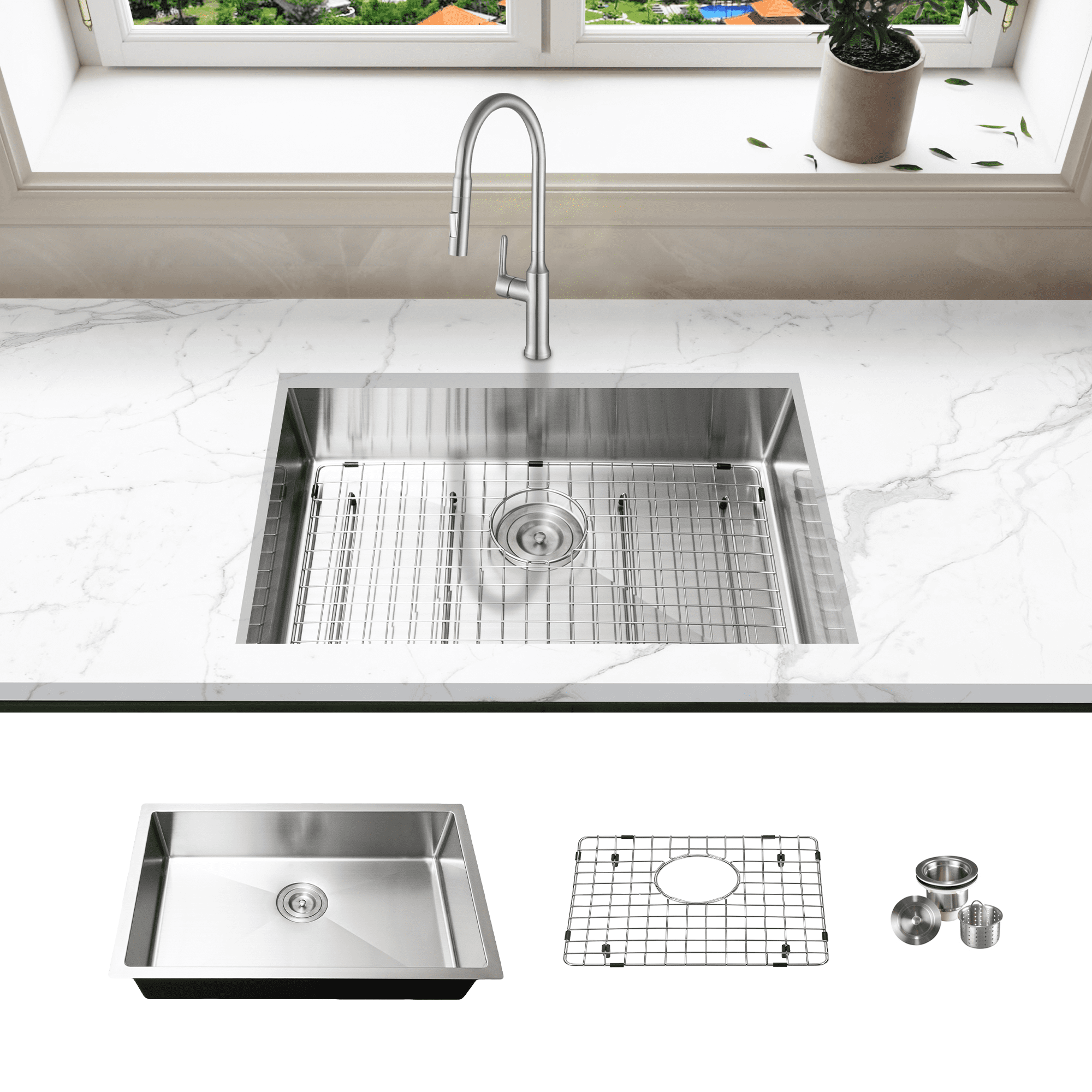 28 Inch Workstation 60/40 Double Bowl Undermount Kitchen Sink With Built In  Accessories