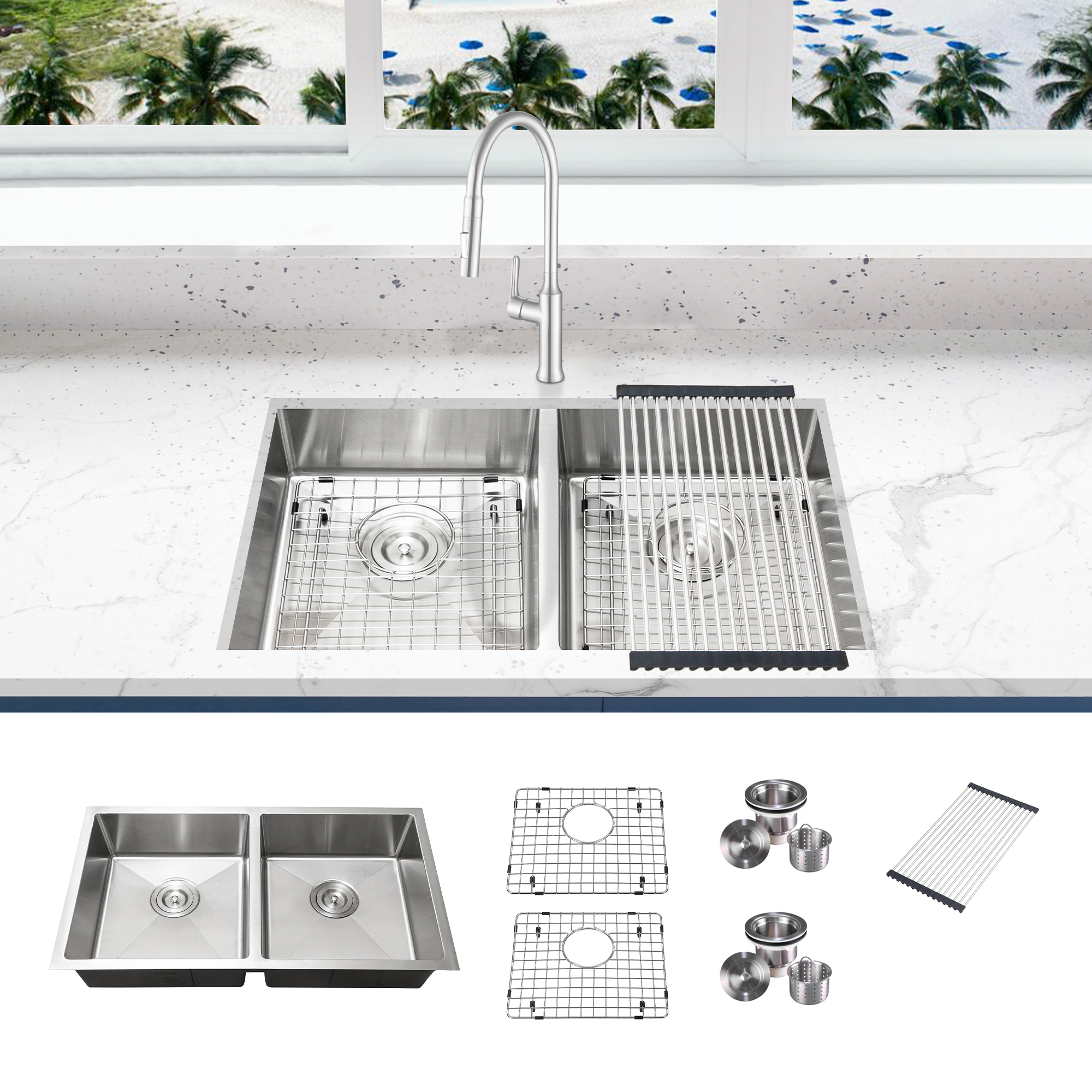 KBFmore 31 inch 18 Gauge ADA Undermount Double Bowl Square Kitchen Sink