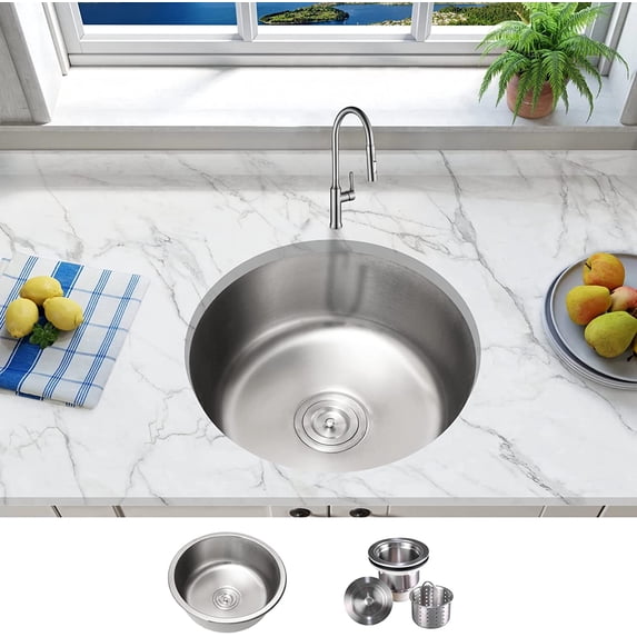 KBFmore Classic 18 inch 18 Gauge Classic Round Undermount Single Bowl Stainless Steel Kitchen Sink with Sink Strainer