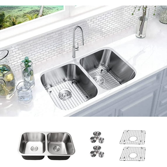 KBFmore Classic 31 Inch 18 Gauge 50/50 Undermount Double Equal Stainless Steel Kitchen Sink with Strainer and Grid