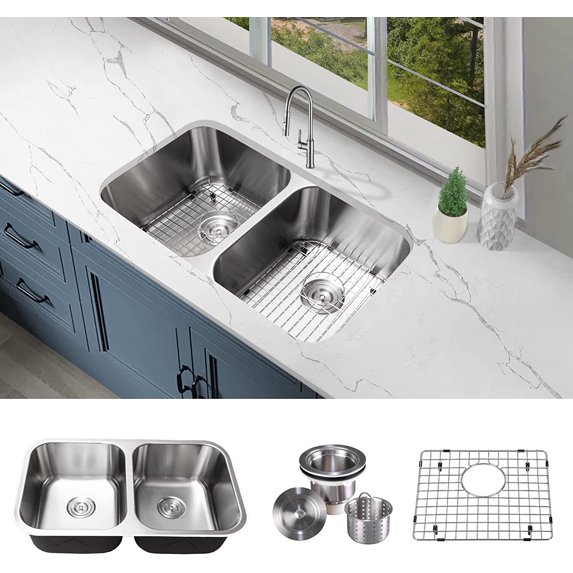 KBFmore Classic 32 Inch 16 Gauge Undermount 50/50 Double Equal Bowl Stainless Steel Kitchen Sink with Strainer and Grid