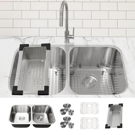 KBFmore Classic 32 inch 16 Gauge Undermount 50/50 Double Equal Bowl Kitchen Sink with 5 PCs Accessories