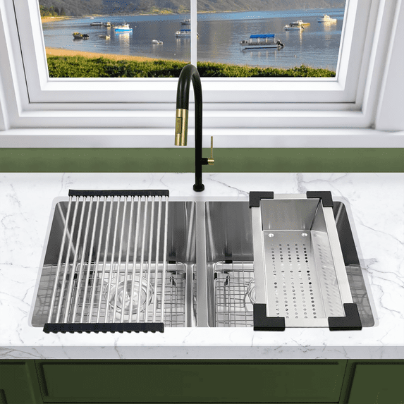 KBFmore Tight Radius 16 Gauge 31 inch Double Bowl Undermount Kitchen Sink with 5 PCs Kitchen Gadgets