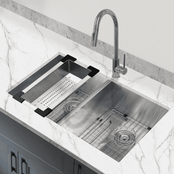 KBFmore Zero Radius 31 inch 18 Gauge Double Bowl Undermount Kitchen Sink with 4 Pcs Accessories