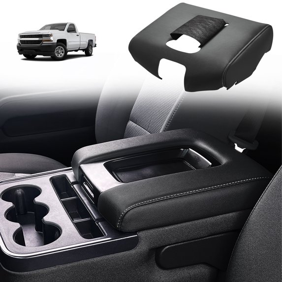 KBH Center Console Armrest Cover Replacement for Chevy Silverado GMC Sierra 2014-2018, Leather Middle Console Lid Skin Upholstery (Black-Gray Stitch)