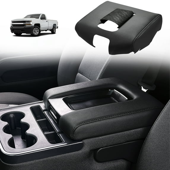 KBH Center Console Armrest Cover Replacement for Chevy Silverado GMC Sierra 2014-2018, Black Leather Middle Console Lid Skin Upholstery
