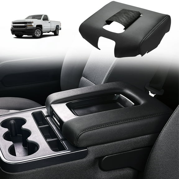 KBH Center Console Armrest Cover Replacement for Chevy Silverado GMC Sierra 2014-2018, Black Leather Middle Console Lid Skin Upholstery
