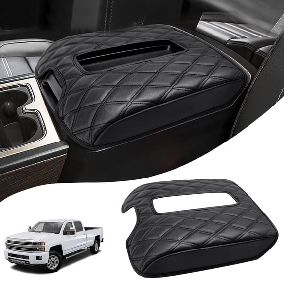 KBH Center Console Armrest Cover for Chevy Silverado GMC Sierra 2014-2018, Tahoe Yukon Suburban 2015-2020, Black Leather Middle Console Cover (Bucket Seat Only)