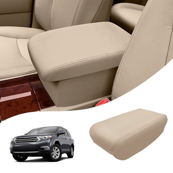 KBH Car Center Console Lid Armrest Cover Replacement for 2008-2013 Toyota Highlander, Leather Skin Upholstery for Arm Rest Box Lid, Beige