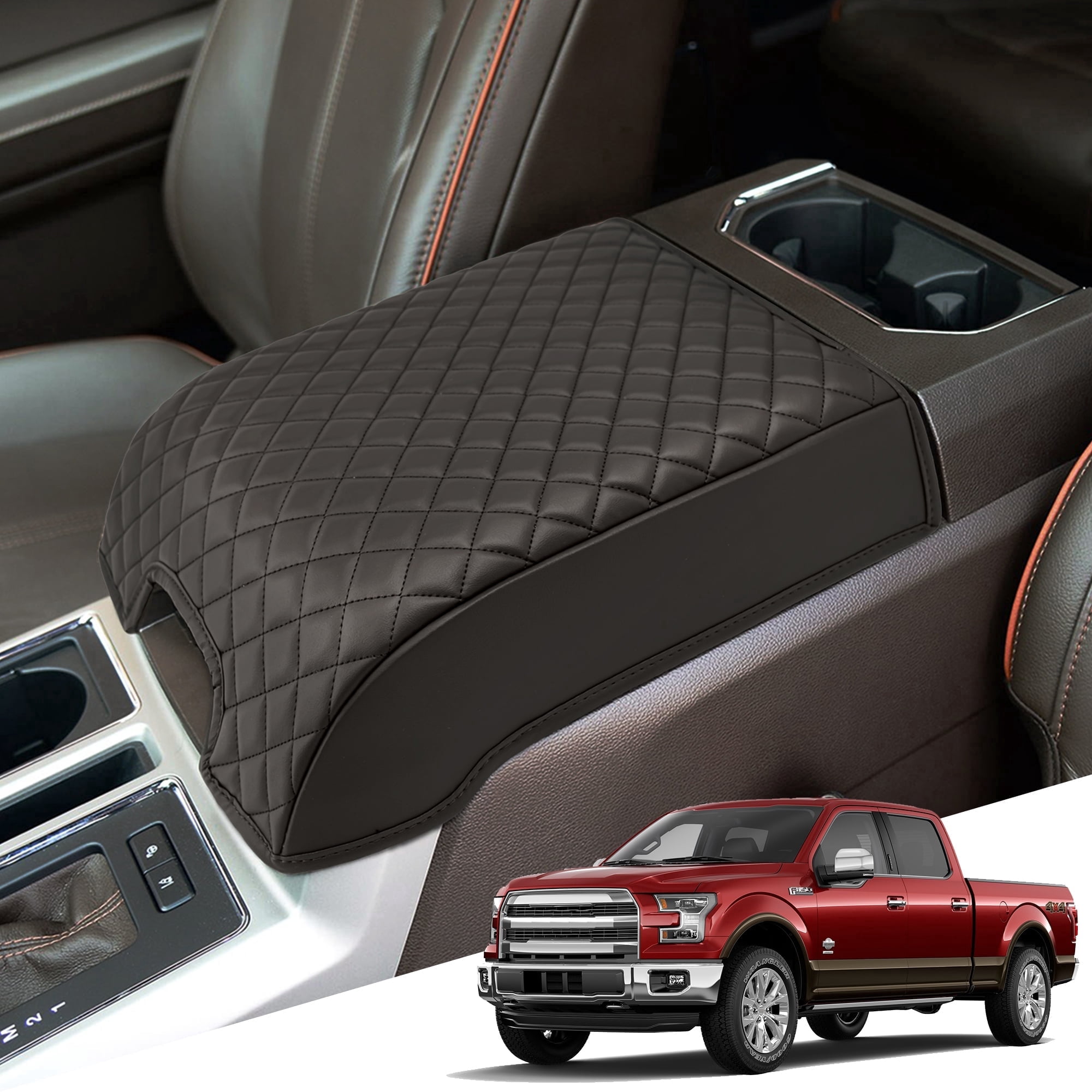 KBH Center Console Armrest Cover for Ford F150 2015-2020, F250 F350 F450 2017-2022, Expedition 2018-2024, PU Leather Middle Console Cover for Truck Interior Accessories, Coffee(Bucket Seat Only)