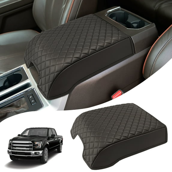 KBH Center Console Cover for 2015-2020 Ford F150 Accessories, Car Middle Lid Seat Armrest Cover Protector, PU Leather Cushion Pad (Bucket Seat), Coffee