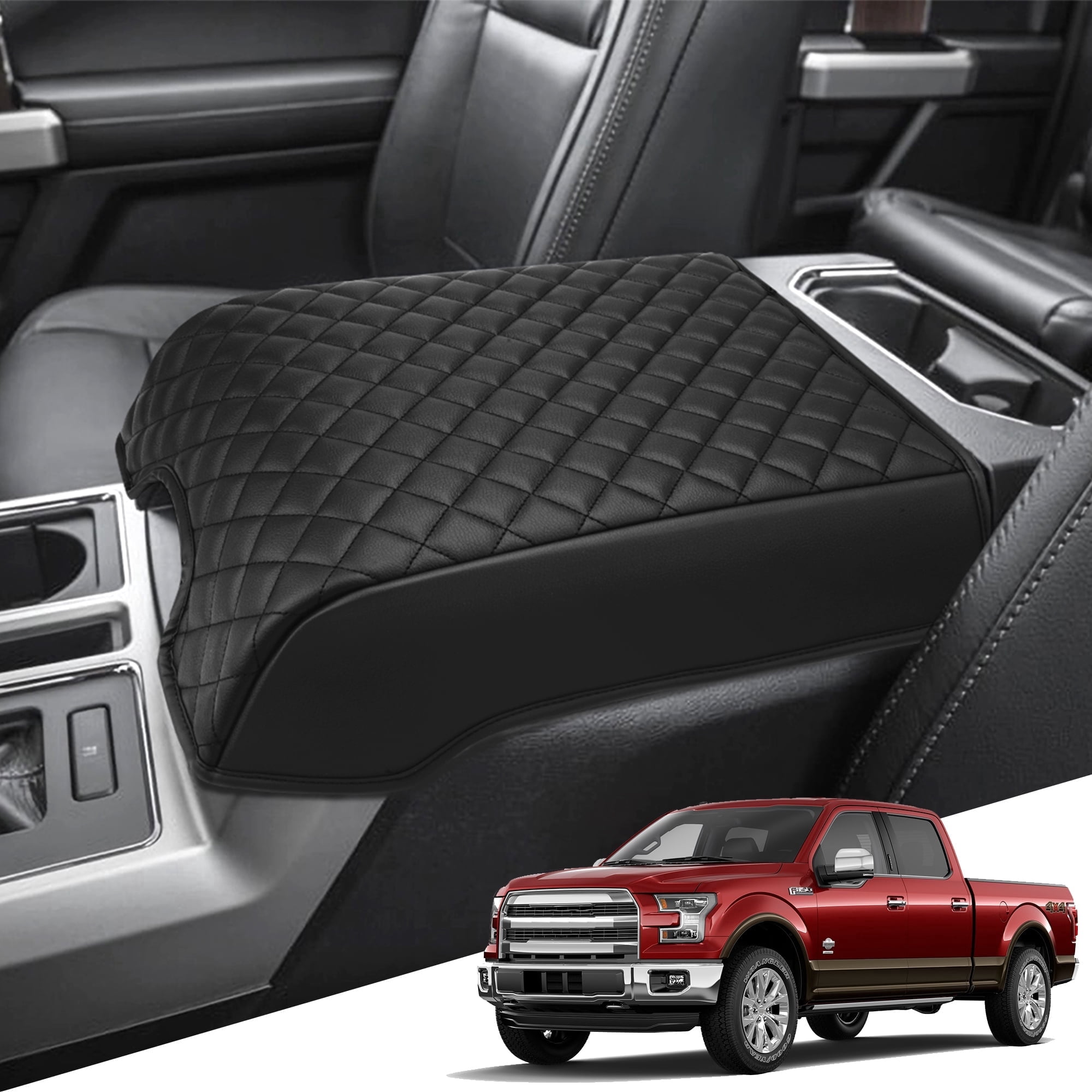 KBH Ford Center Console Cover for 2015-2020 F150 Accessories, 2017-2022 F250-F550/2018-2024 Expedition, Black Leather Middle Console Cover Cushion Pad for Truck Interior (Bucket Seat)