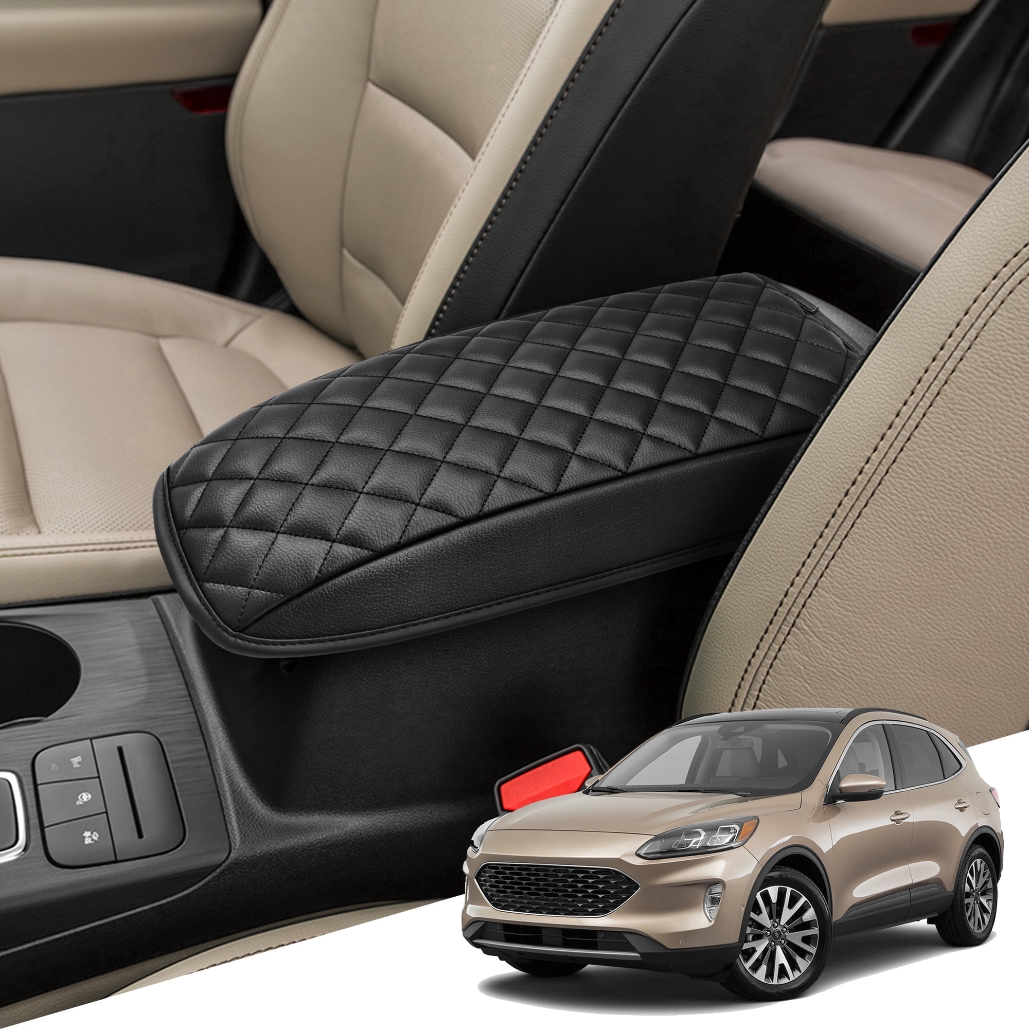 KBH Center Console Armrest Cover for 2021-2026 Ford Bronco Sport/2020-2026 Ford Escape Accessories, Leather Middle Console Cover Cushion Pad for Car Interior, Black