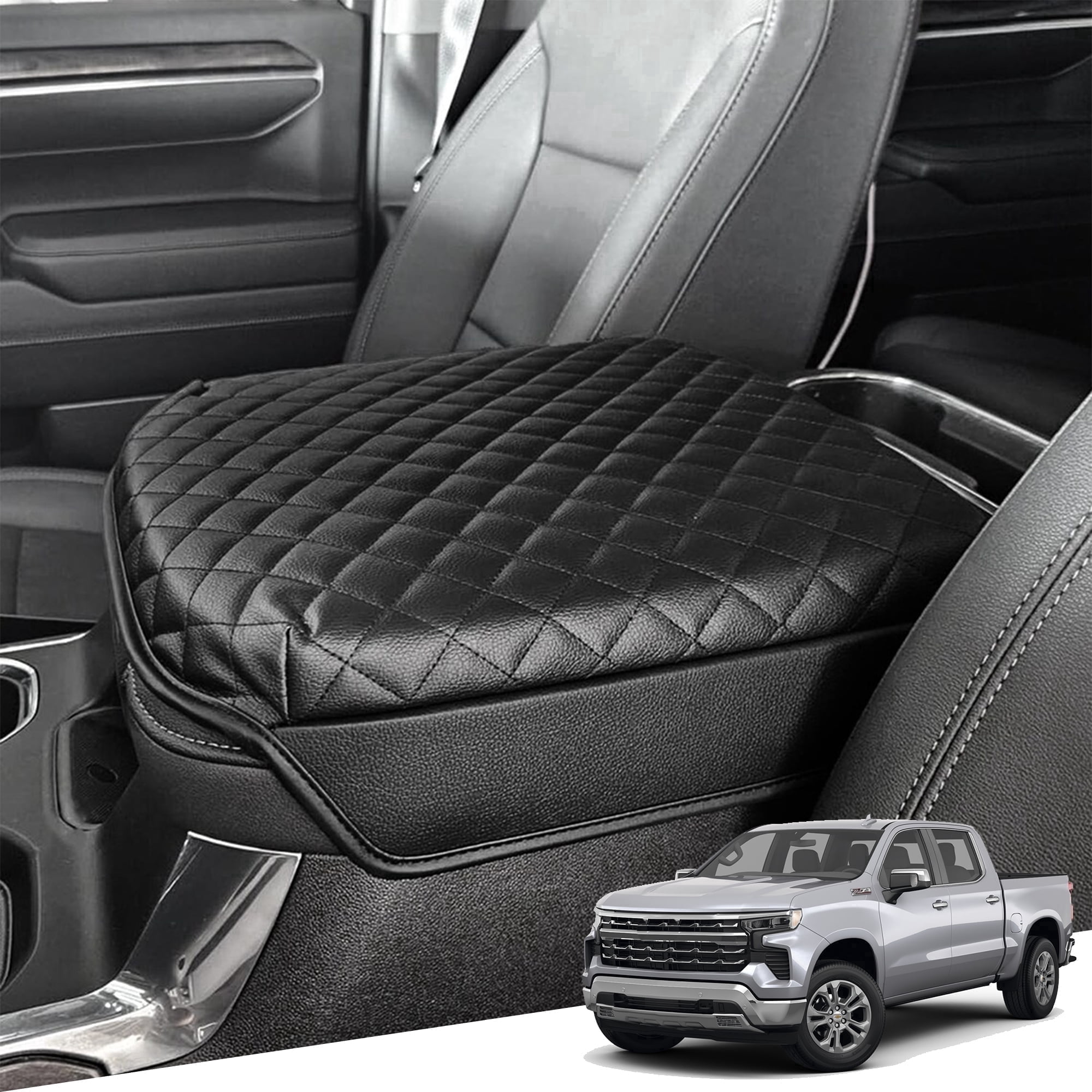 KBH Center Arm Rest Cover for Chevy Silverado GMC Sierra 2019-2026, Tahoe Suburban Yukon 2021-2026, Black Leather Middle Console Lid Armrest Cushion Pad, Bucket Seat Only