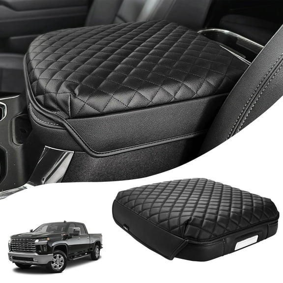 KBH Center Console Armrest Cover Compatible with Chevy Chevrolet Silverado & GMC Sierra 2019-2025, Tahoe & Suburban & Yukon 2021-2025, Black Leather Arm Rest Lid Cushion, Bucket Seat