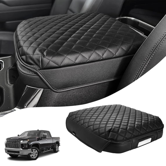 KBH Center Console Armrest Cover Compatible with Chevy Chevrolet Silverado & GMC Sierra 2019-2026, Tahoe & Suburban & Yukon 2021-2026, Black Leather Arm Rest Lid Cushion, Bucket Seat