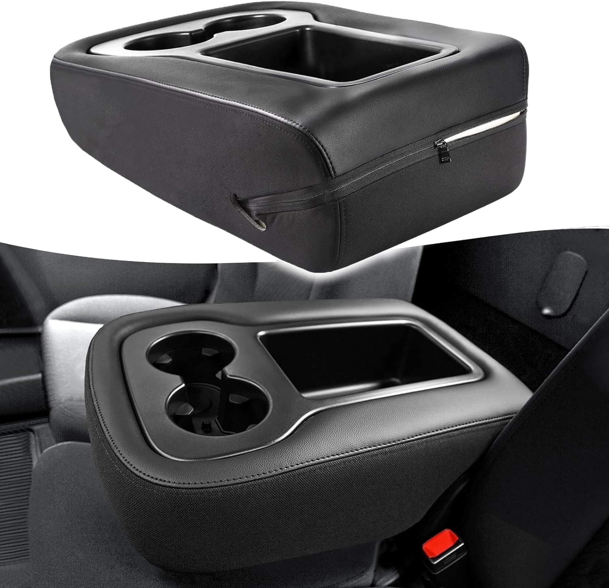 KBH Center Console Lid Armrest Cover Fit for Chevy Tahoe Suburban Silverado, GMC Sierra Yukon 2007-2014, Black Leather with Zipper Design (Jump Seat)