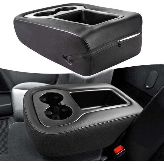 KBH Center Console Lid Armrest Cover Fit for Chevy Tahoe Suburban Silverado, GMC Sierra Yukon 2007-2014, Black Leather with Zipper Design (Jump Seat)