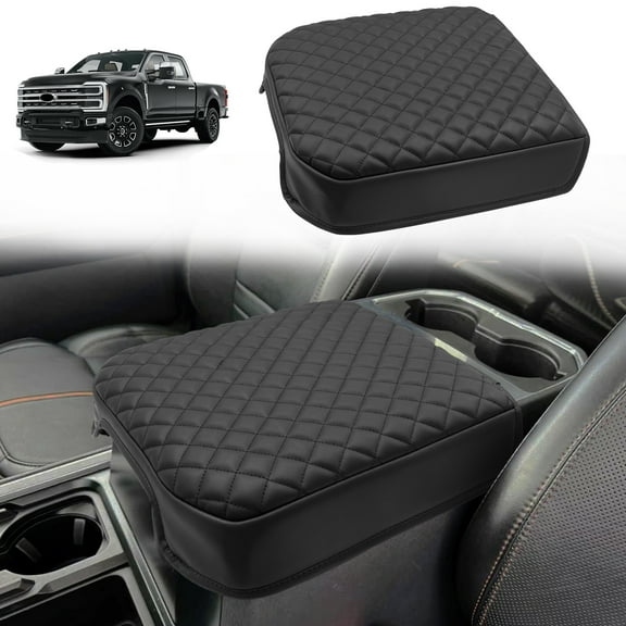 KBH Center Console Cover for 2023-2025 Ford F250 F350 F450 F550 Super Duty Accessories, Middle Console Lid Armrest Cushion Pad, Black Leather Interior Trim for Truck (Bucket Seat Only)