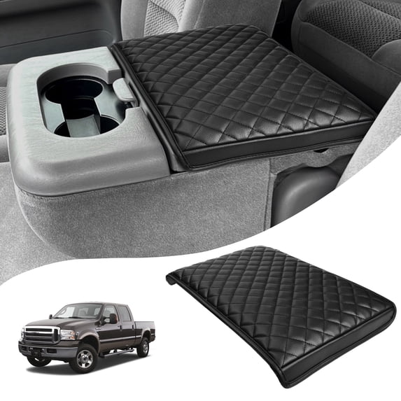 KBH Center Console Cover for 1999-2010 Ford F250 F350 F450 & 2001-2005 F550 with Jump Seat, Black Leather Middle Console Armrest Cover Cushion Pad for Truck Interior Accessories