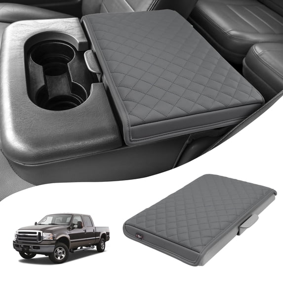 KBH Ford Center Console Cover for 1999-2010 F250 F350 F450 & 2001-2005 F550 with Jump Seat, Leather Middle Console Armrest Cover Cushion Pad for Truck Interior Accessories, Gray