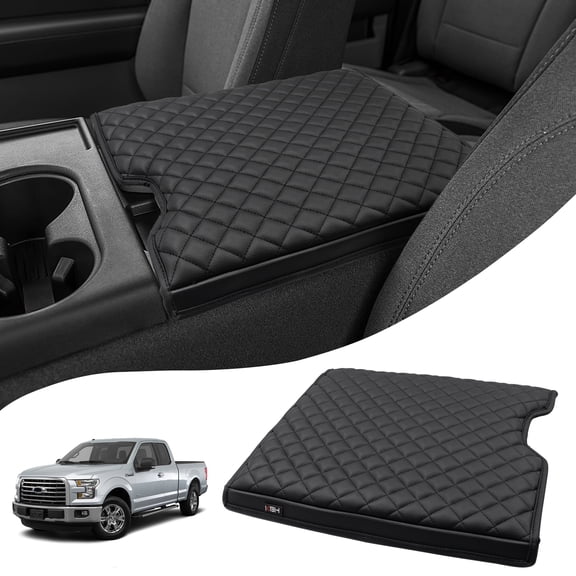 KBH Center Console Armrest Cover Fit for 2015-2025 F150, 2017-2025 F250 F350 F450 with 40/20/40 Jump Seat, Leather Middle Console Cover Cushion Pad for F150 Accessories, Black