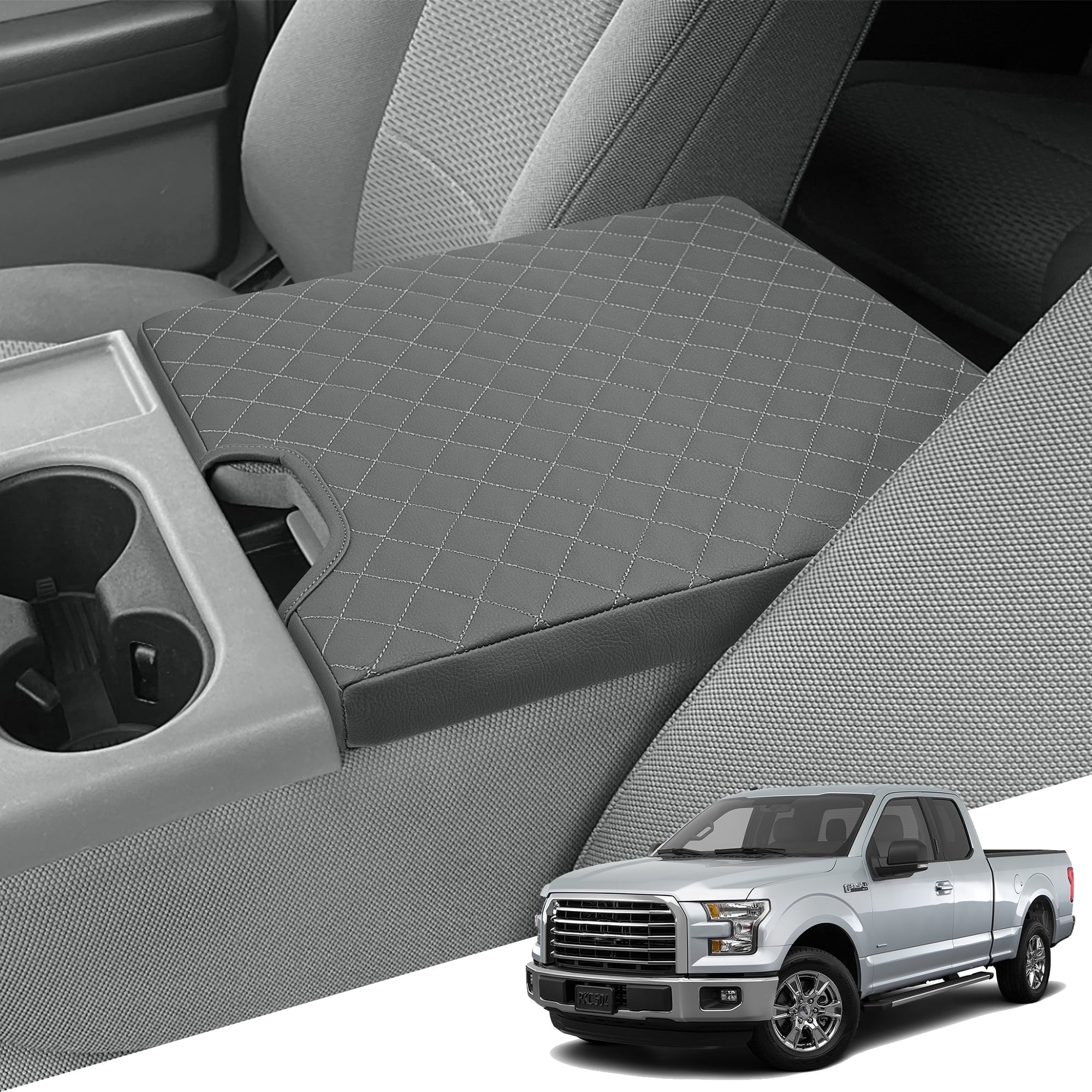 KBH Center Console Armrest Cover for 2015-2025 Ford F150, 2017-2025 F250 F350 F450 with 40/20/40 Jump Seat, Leather Middle Console Cover for F150 Accessories, Darkgray